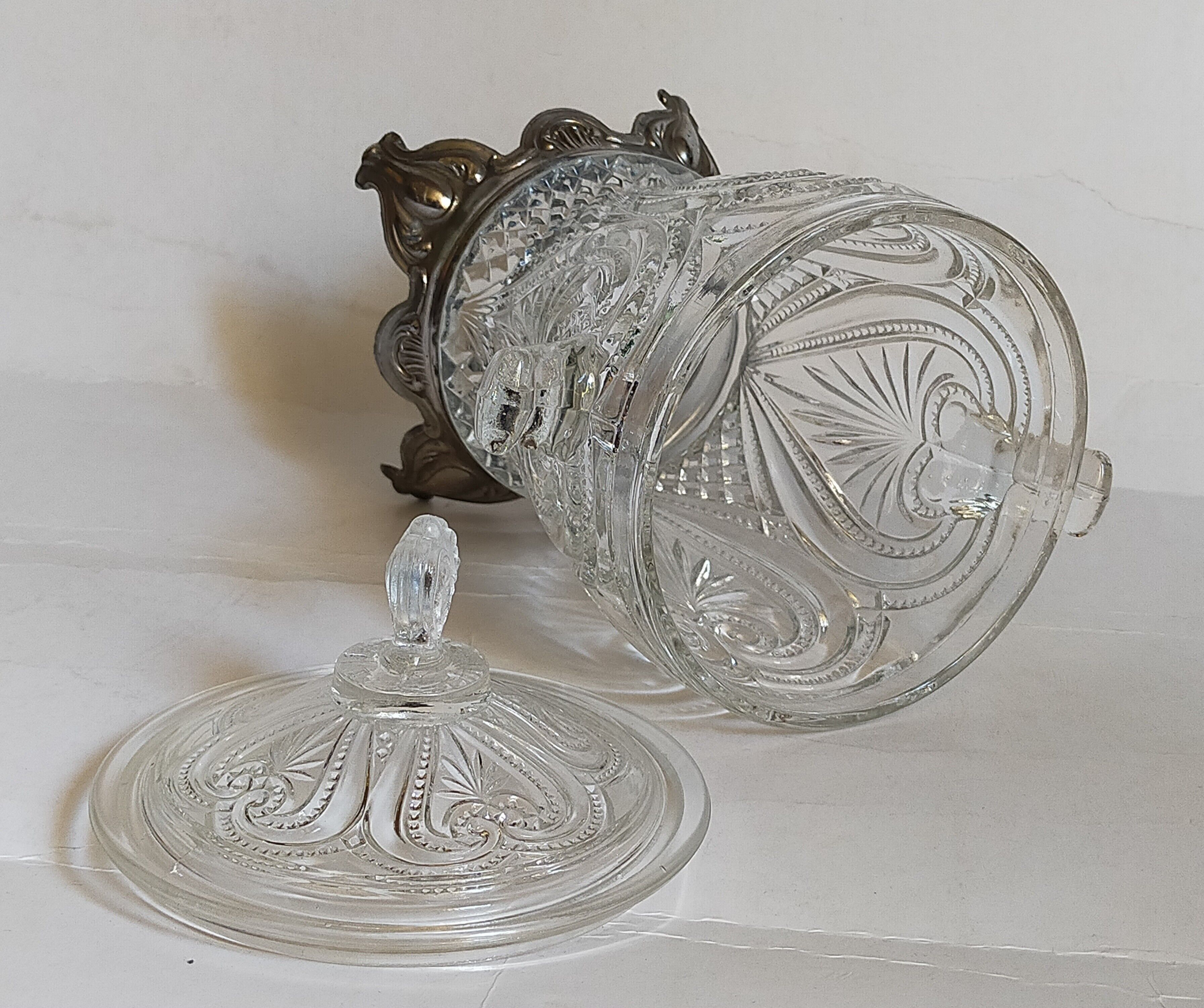 Antique glass compotier on metal stand