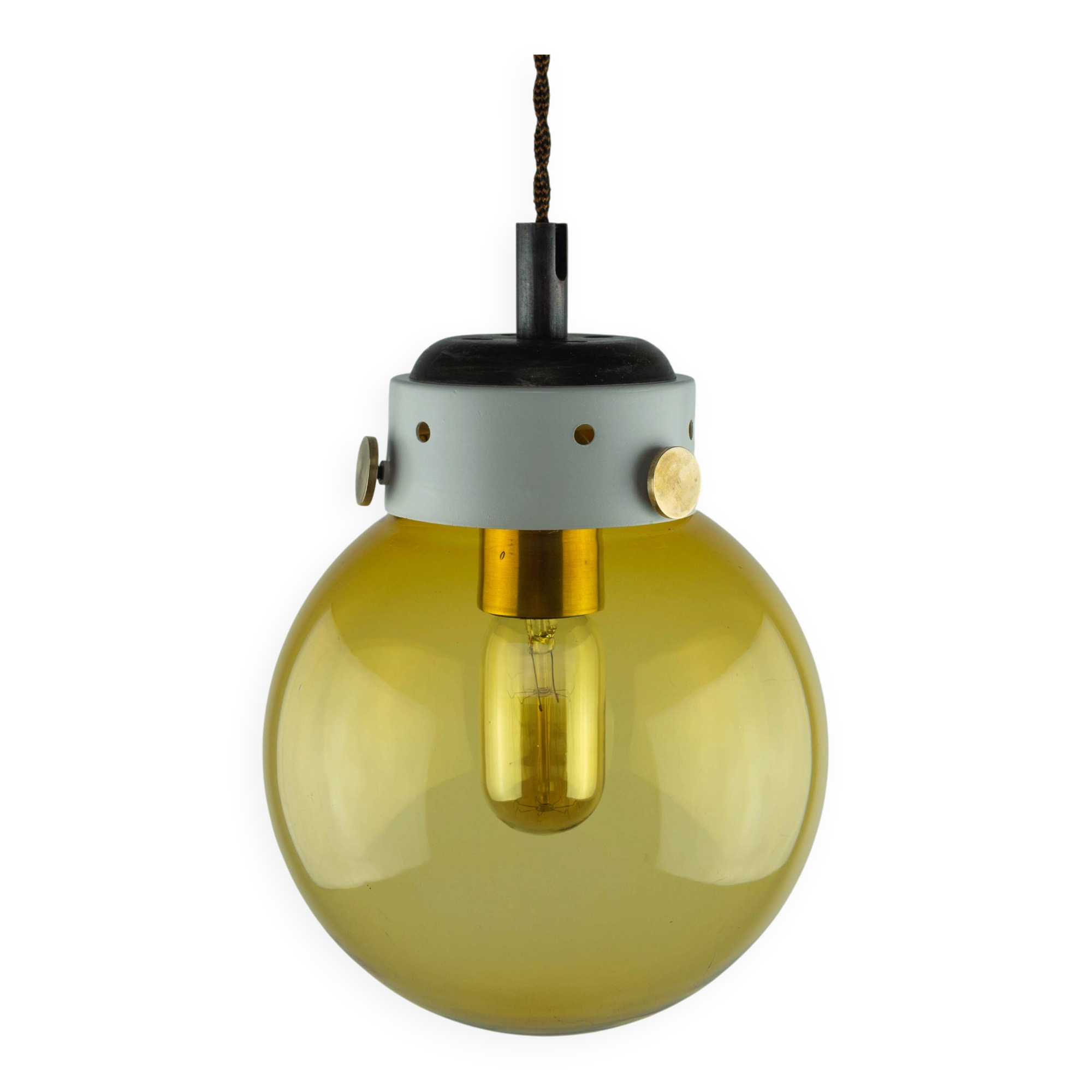 Industrial Vintage Mid-Century Modern Amber Glass And Brass Metal Lamp