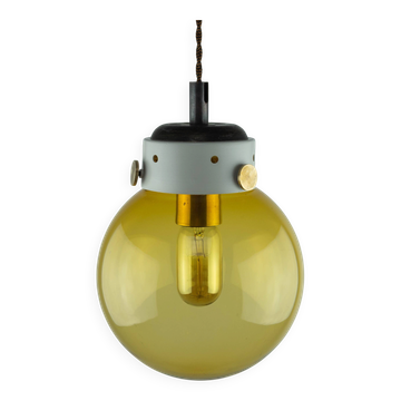Industrial Vintage Mid-Century Modern Amber Glass And Brass Metal Lamp