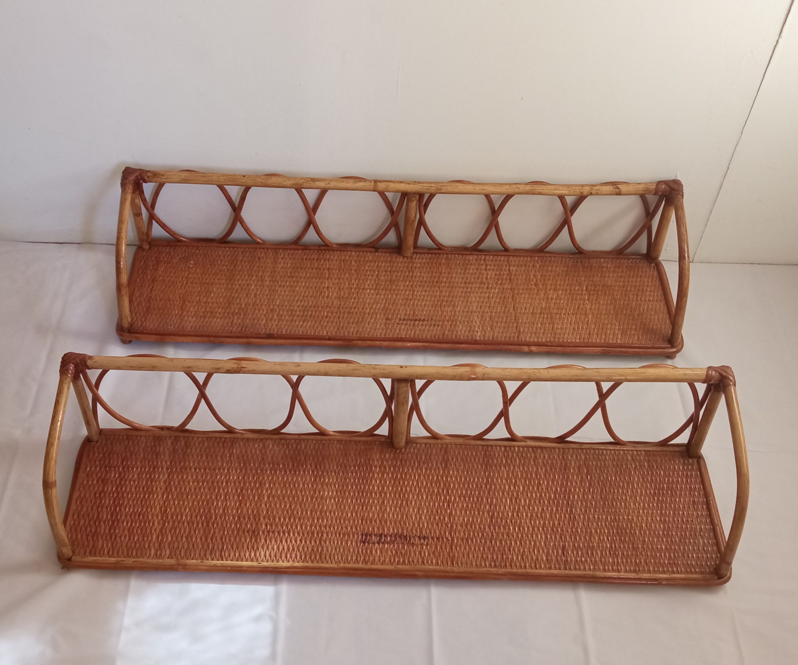 Pair of bamboo and rattan shelves