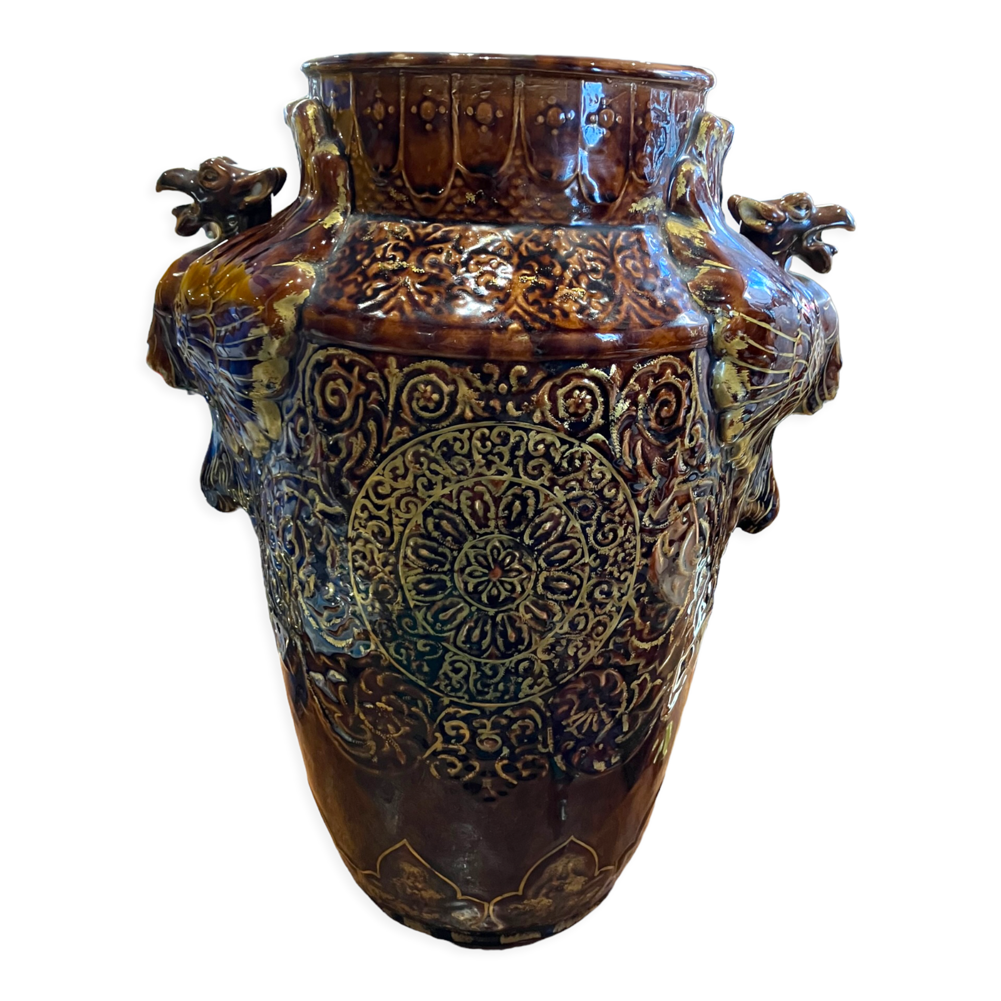 Important Longchamp Griffon vase in golden ceramic