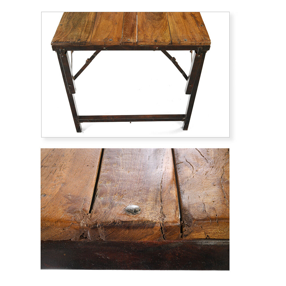 Folding dining room table with wooden tray and iron feet
