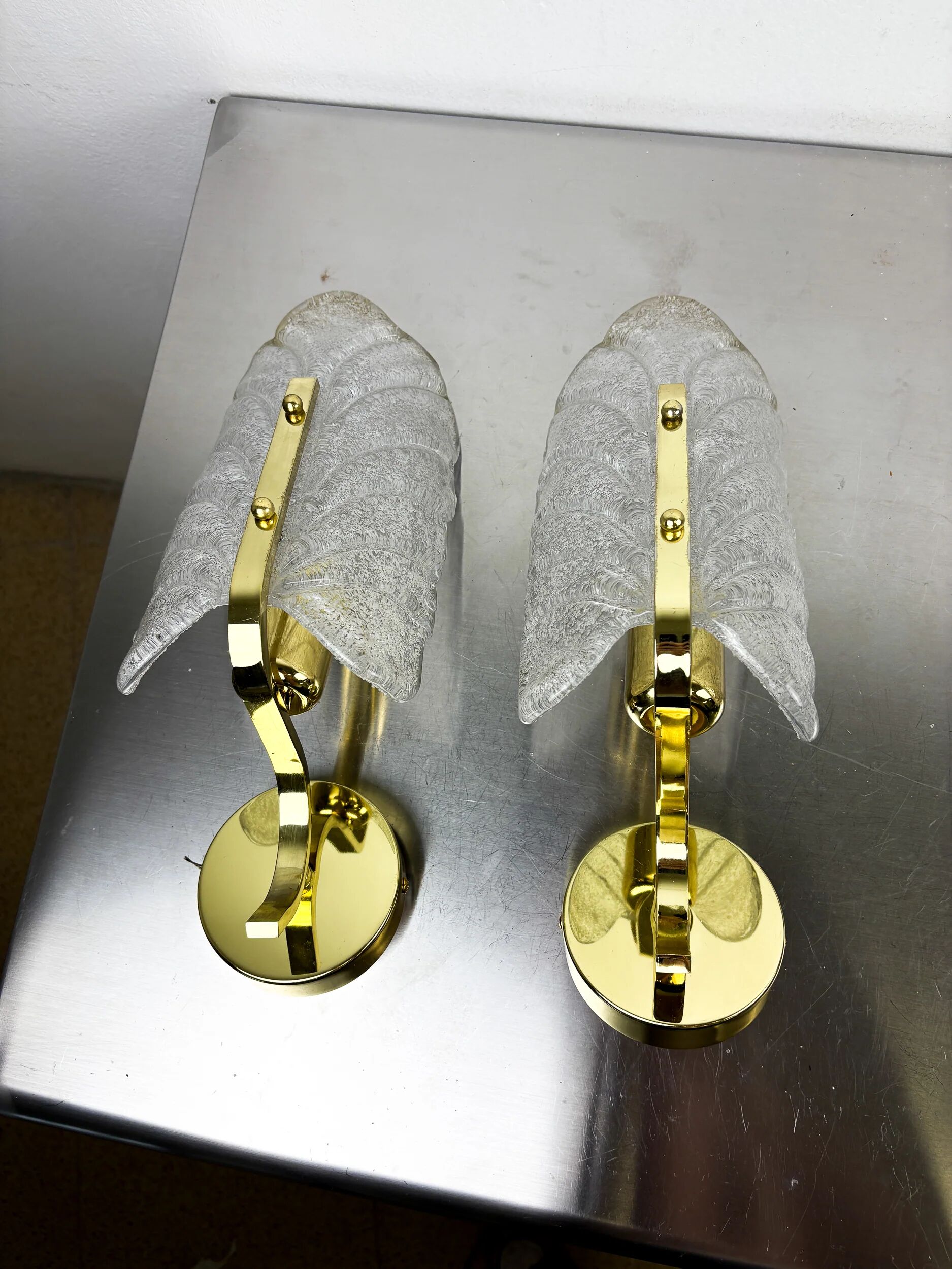 Pair of Murano frosted leaf sconces, textured glass & gilt details, circa 1970s