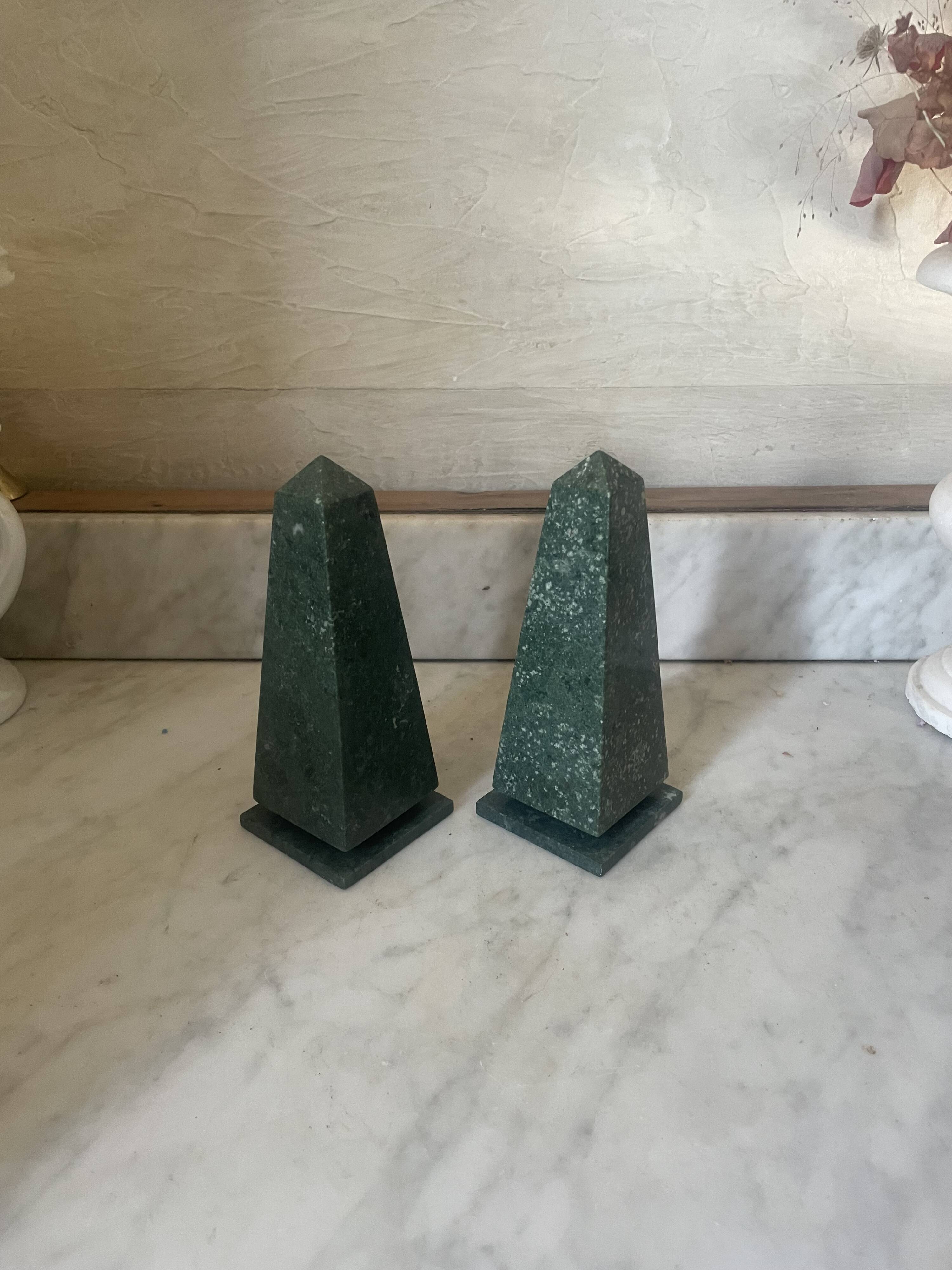 Pair of green marble obelisk bookends