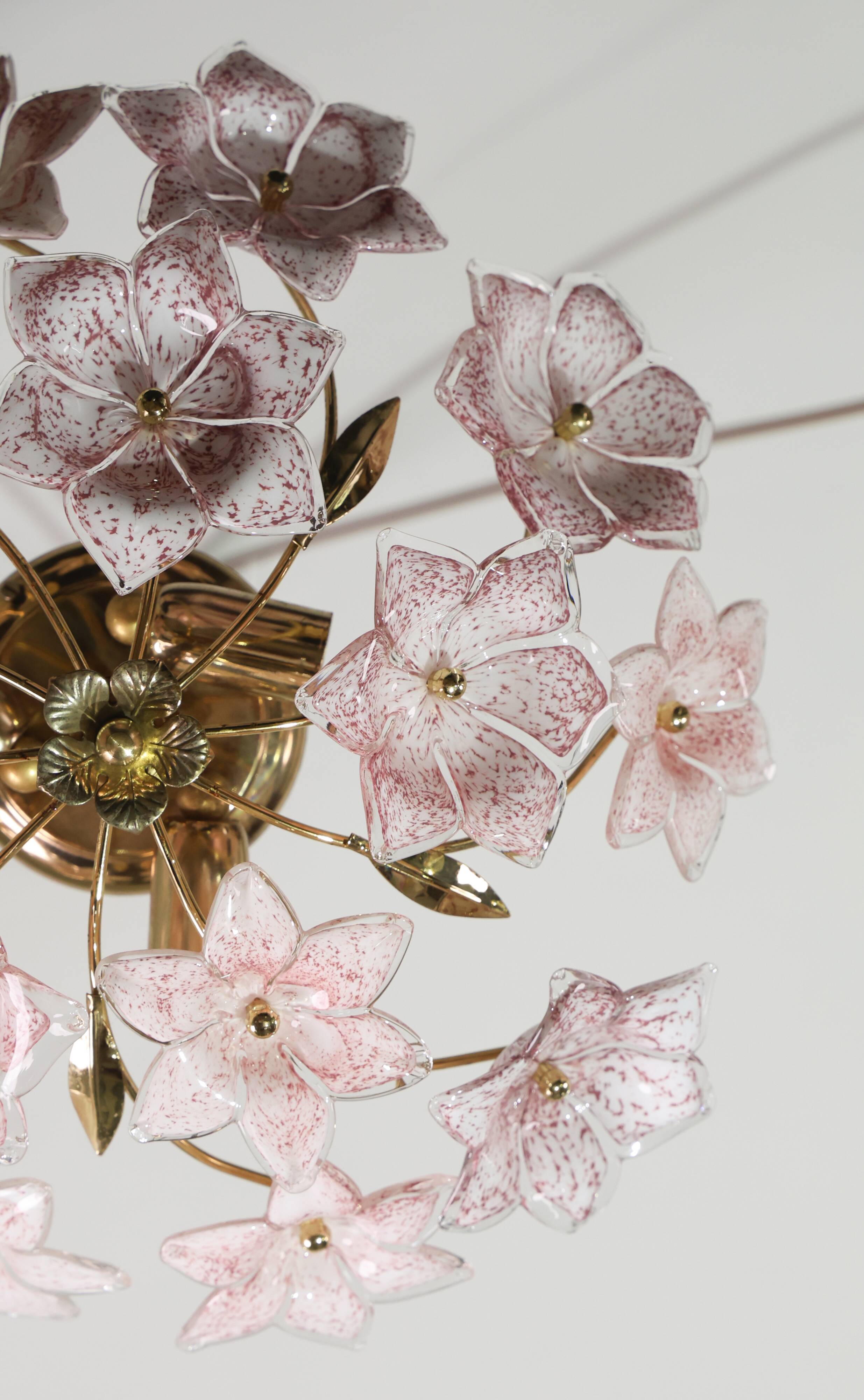 Lustre vintage Murano fleurs roses, années 1970