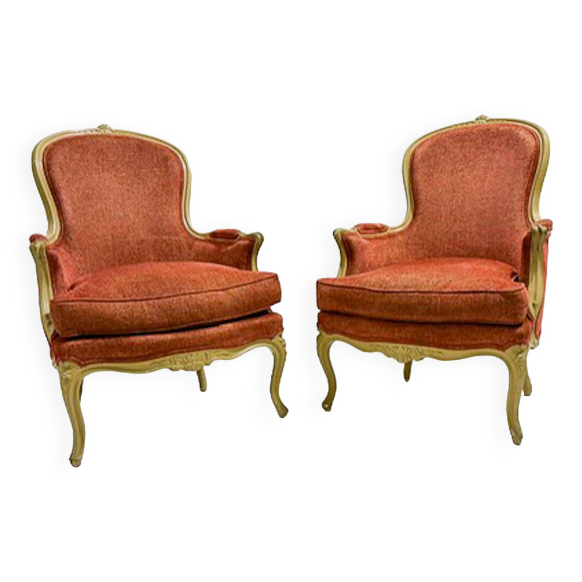 Pair of Armchairs Louis XV Style, Red Upholstery