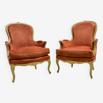 Pair of Armchairs Louis XV Style, Red Upholstery