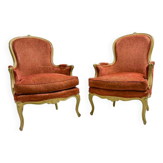 Pair of Armchairs Louis XV Style, Red Upholstery