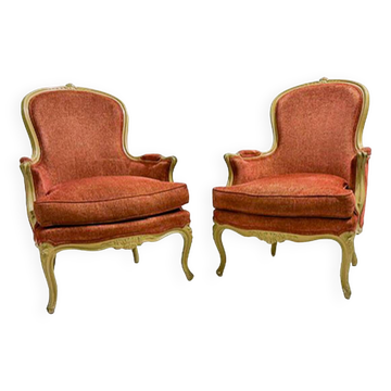 Pair of Armchairs Louis XV Style, Red Upholstery