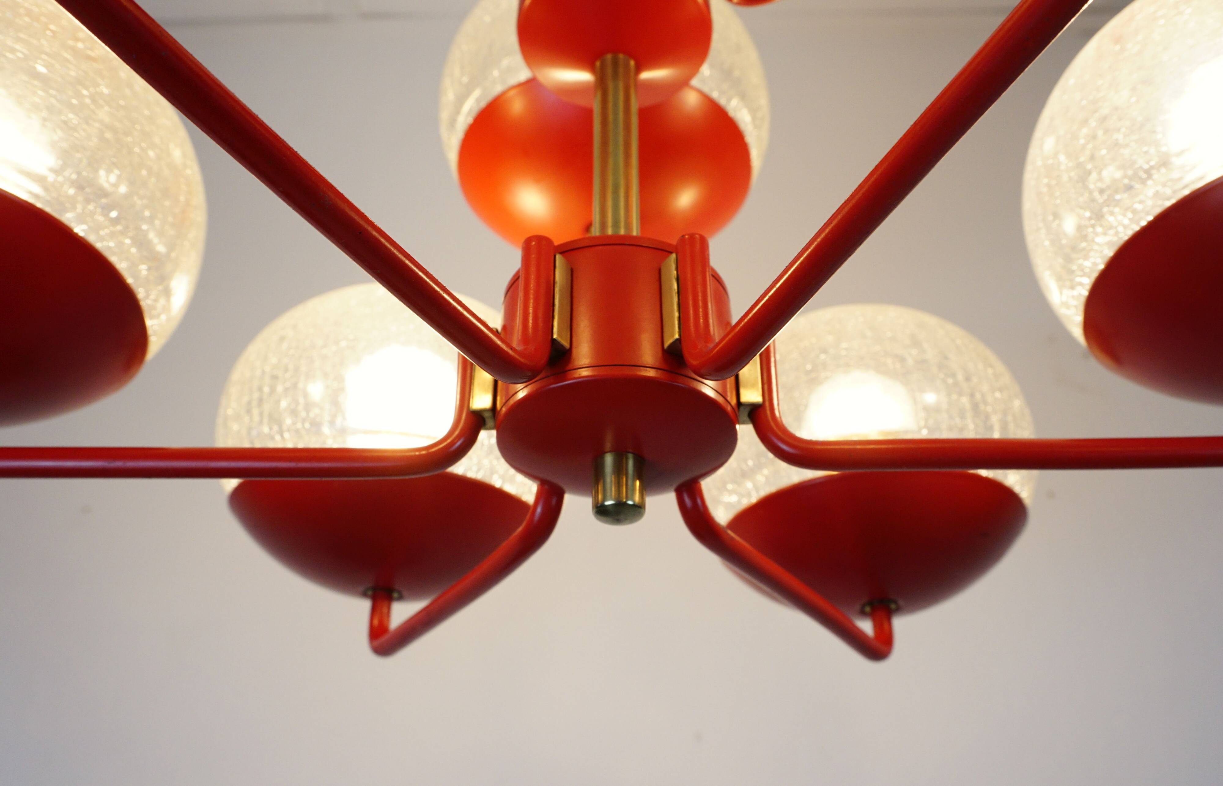 1960s chandelier, red metal and brass, 9 crackle glass shades
