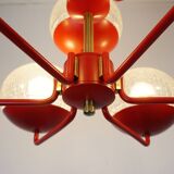 1960s chandelier, red metal and brass, 9 crackle glass shades