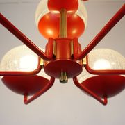 1960s chandelier, red metal and brass, 9 crackle glass shades