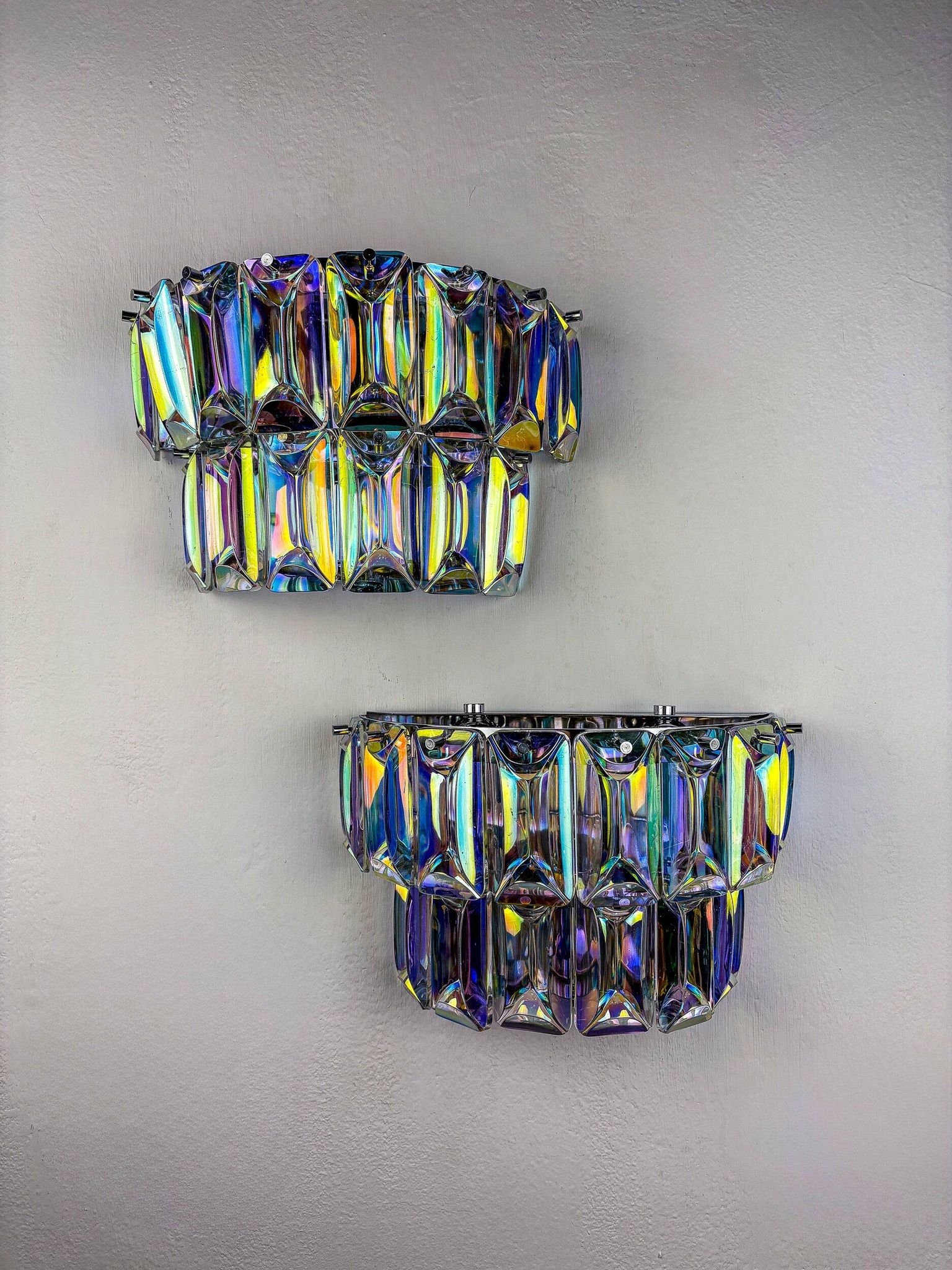 Pair of 2-tier Paolo Venini iridescent Murano glass wall lights, Italy, 1970s