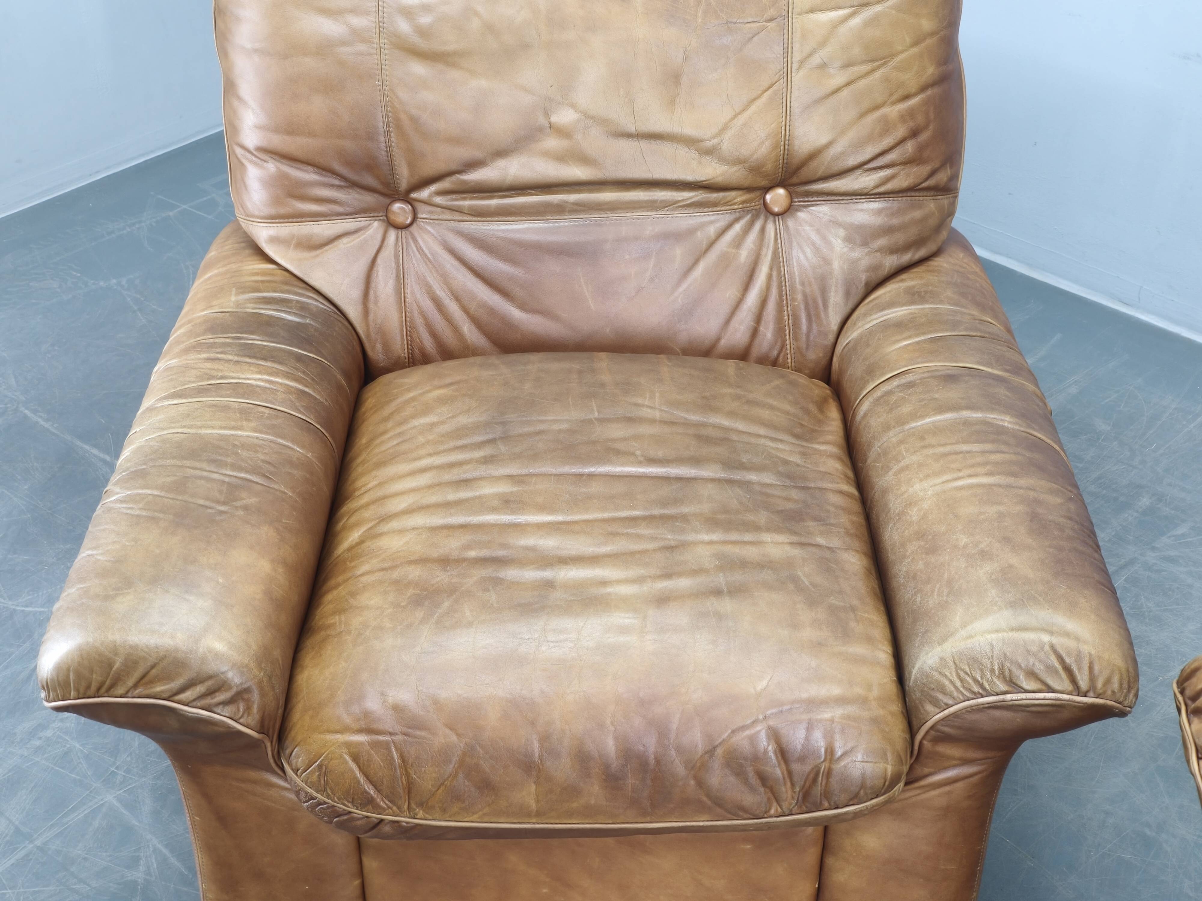 Pair of Arcon Italia Cognac Buffalo Leather Lounge Armchairs