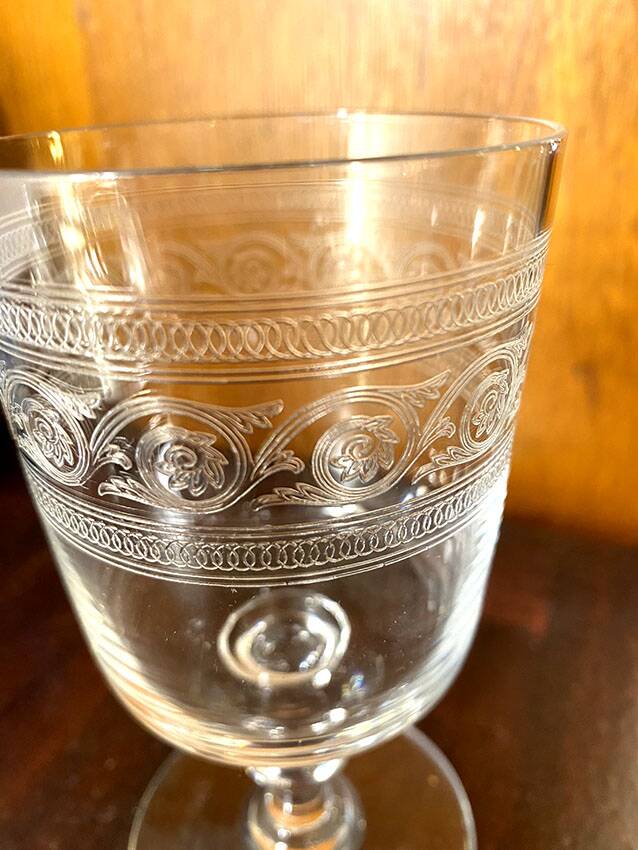 9 Baccarat crystal wine glasses, Athenian engraving