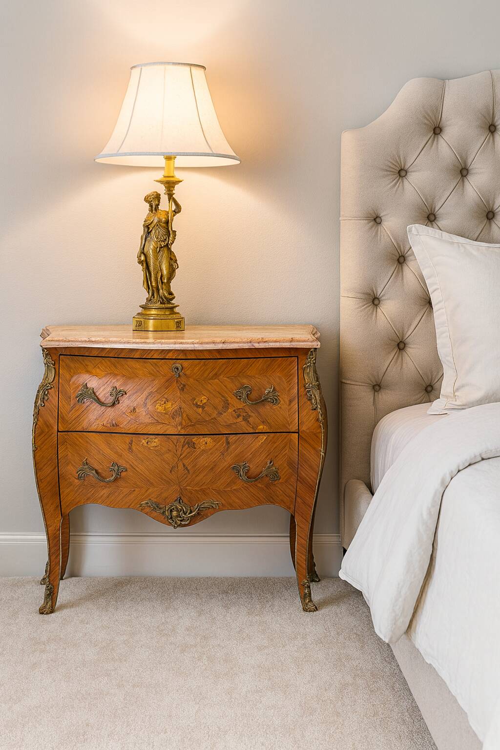 Louis XV style curved chest of drawers in marquetry