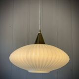 Large Scandinavian pendant light in striated opaline and brass from the 60s