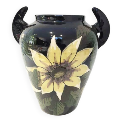 Vase Art déco en barbotine à décor floral – France, années 30