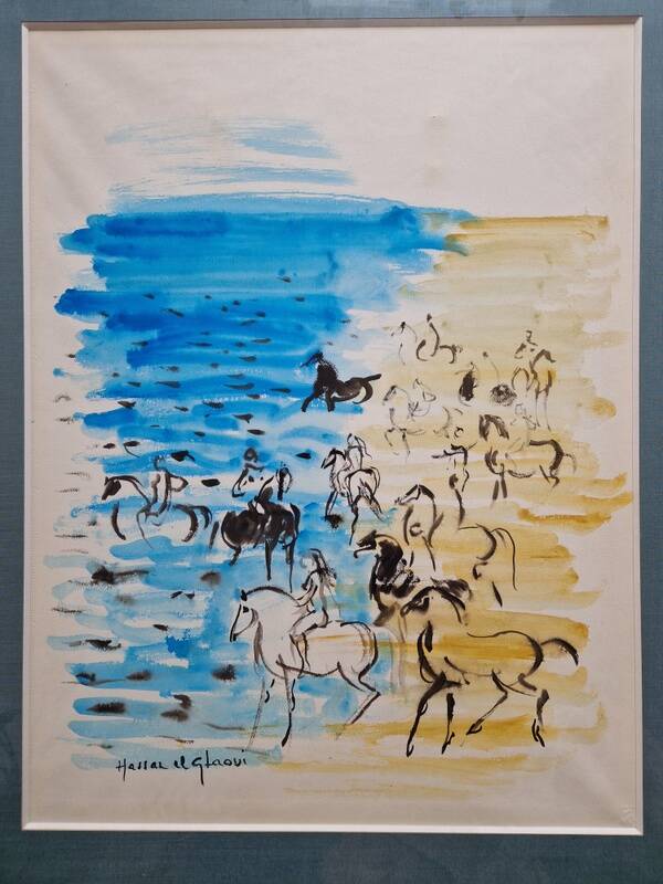 Hassan El Glaoui (1924-2018) - Watercolor on paper "Riders on the beach" - Signed