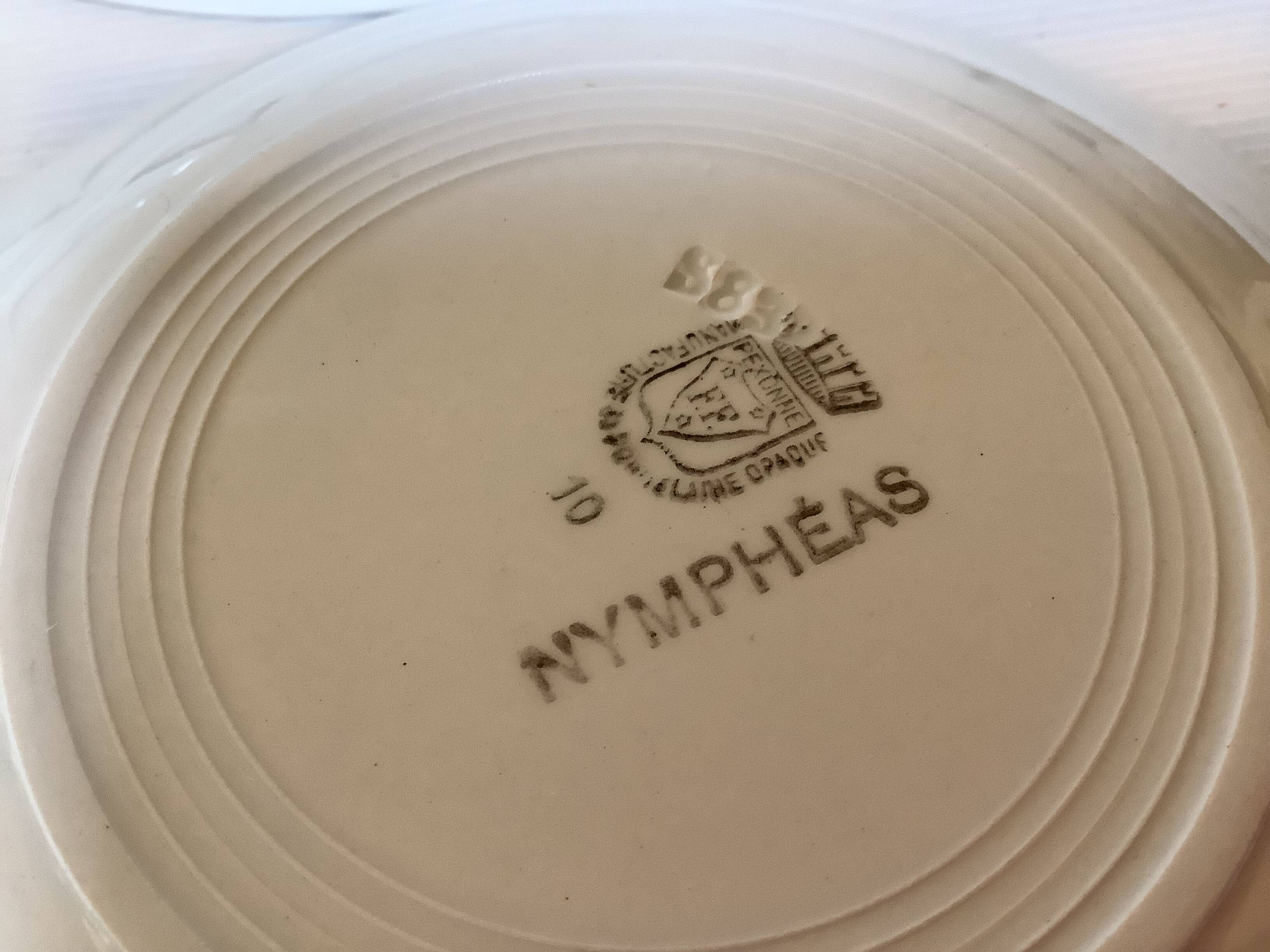 Six antique deep plates, earthenware, 1930s, Nymphéas model.