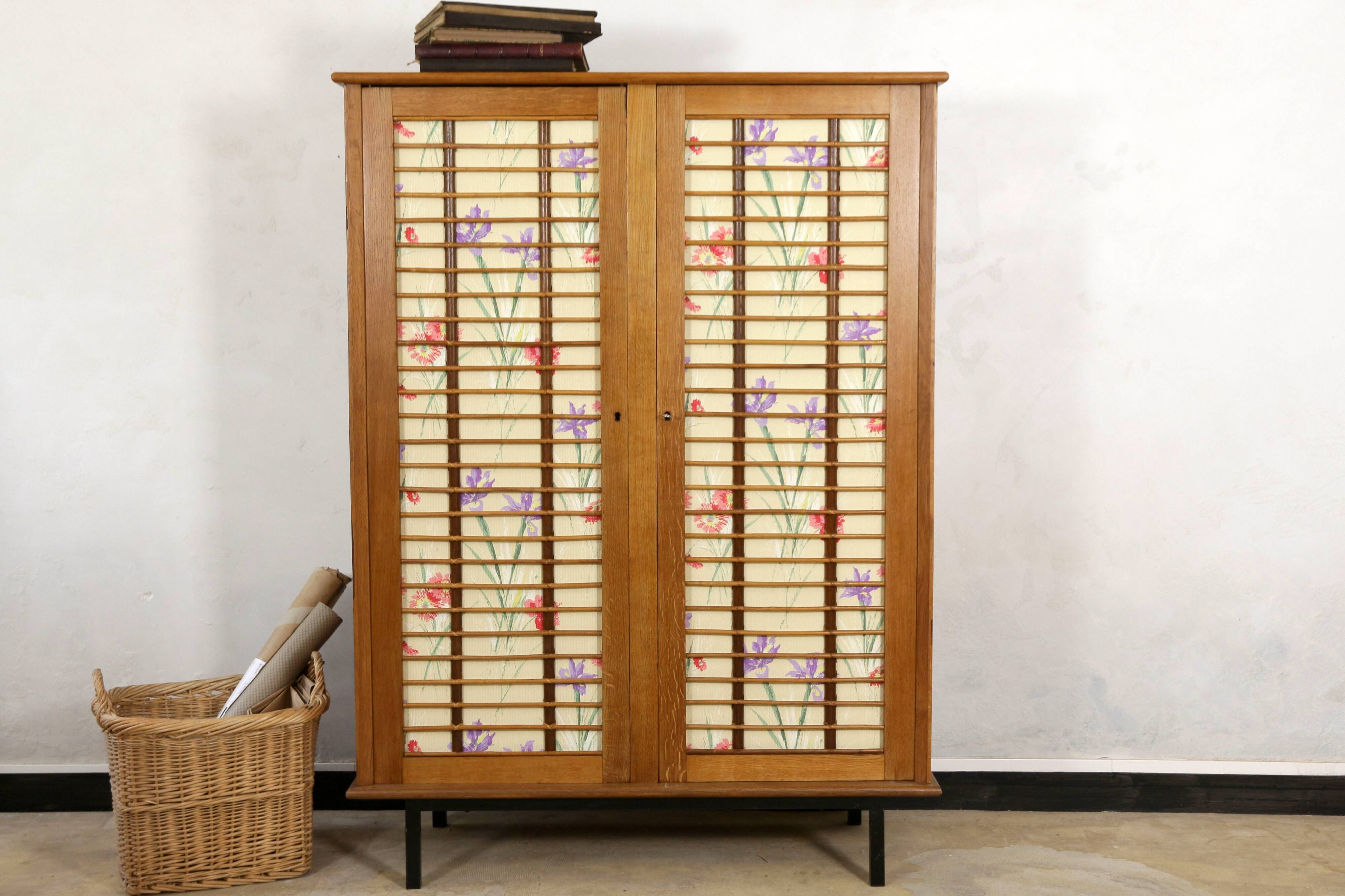 Vintage 1960 removable rattan and oak cabinet