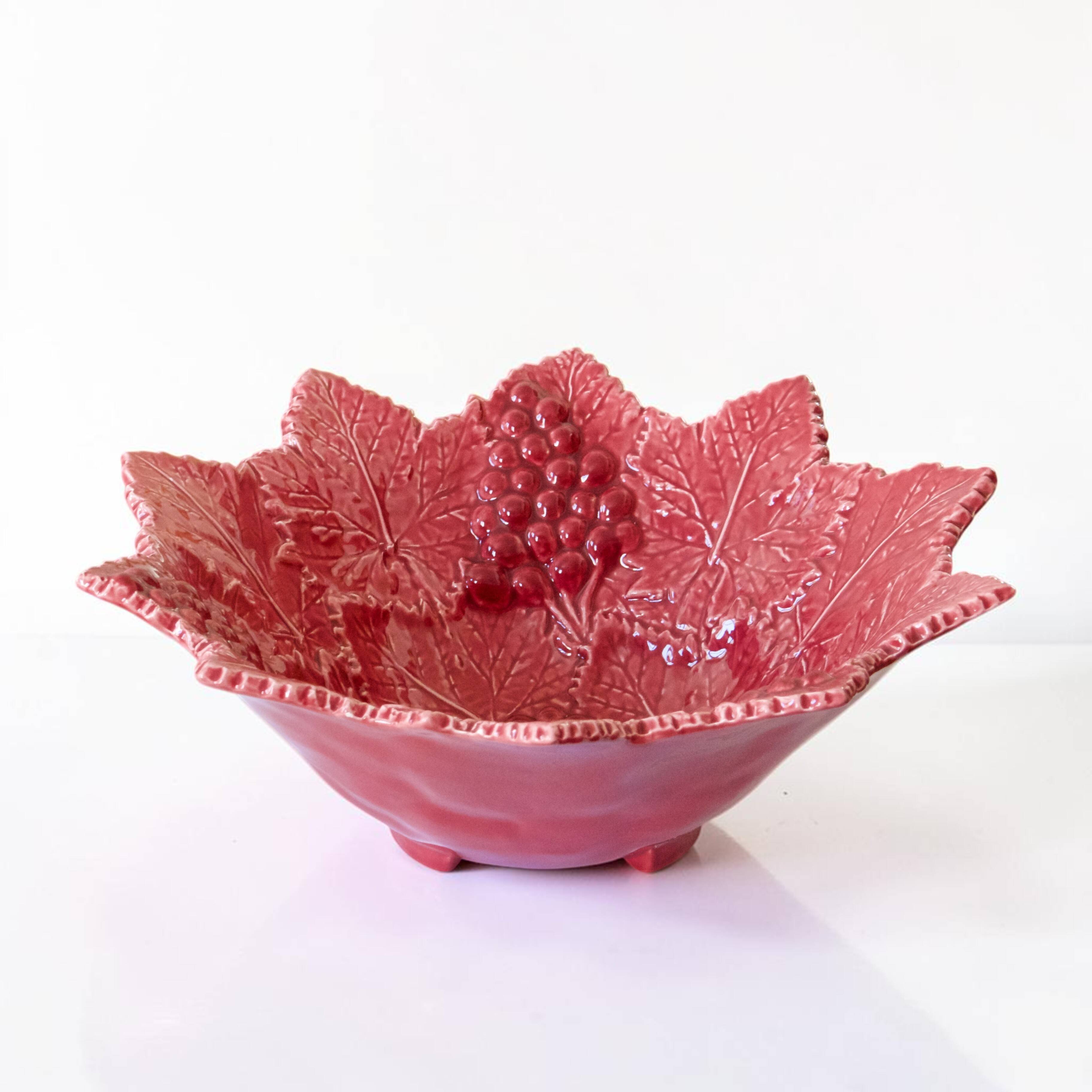 Vine leaf raspberry majolica centrepiece bowl