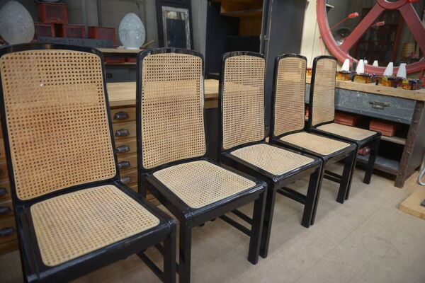 6 chaises cannées en bois laqué noir d'origine, 1970