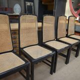 Set of 6 Vintage caned chairs in black lacquered wood, original 1970