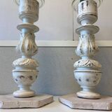 Pair of Large Candlesticks Candle Holders Turned Wood Carved Bleached