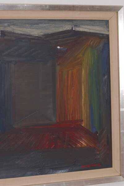 Original mid-century Swedish oil on panel – “City” by Tore Hultcrantz – vintage & framed – 74 × 62 cm (29.1" × 24.4")