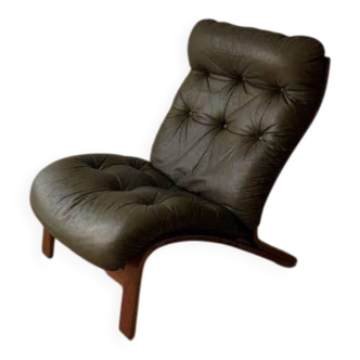 Scandinavian armchair Rybo Rykken Solheim green leather teak