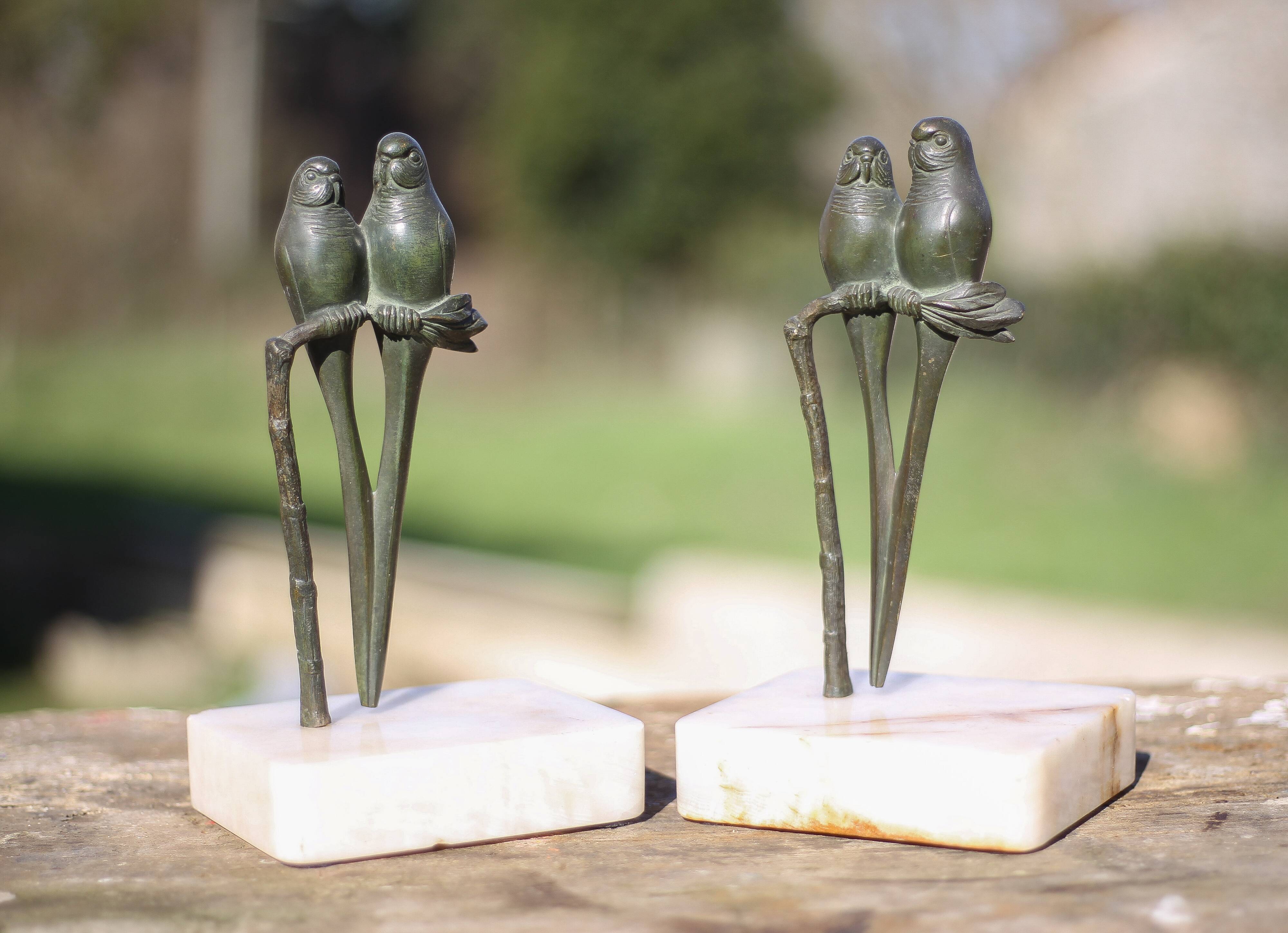 Serre-livres vintage, perroquet bronze patine verte socle onyx, animaux