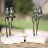 Vintage bookends, bronze parrot green patina onyx base, animals