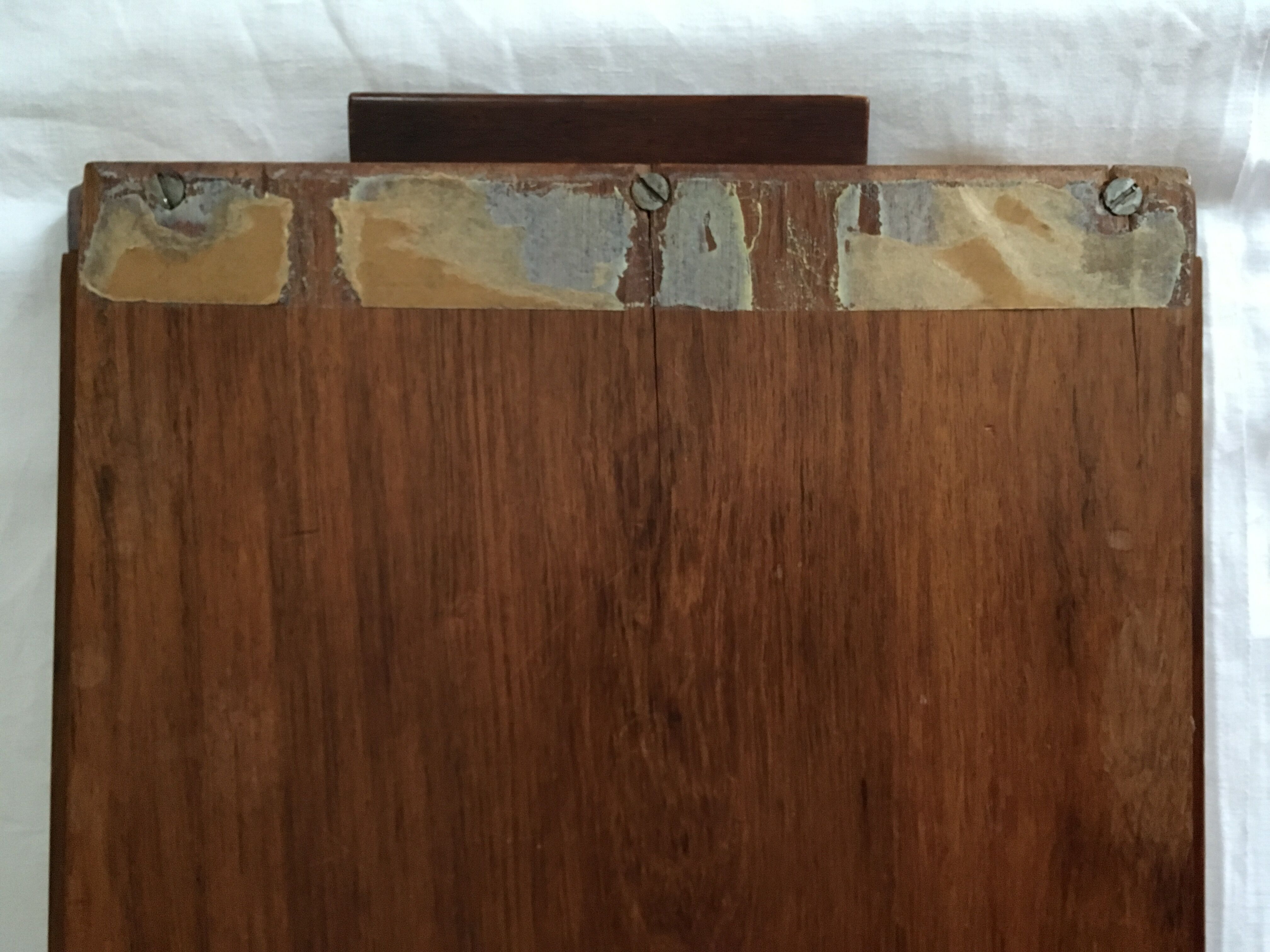 Old wooden serving tray with marquetry drawing