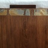 Old wooden serving tray with marquetry drawing