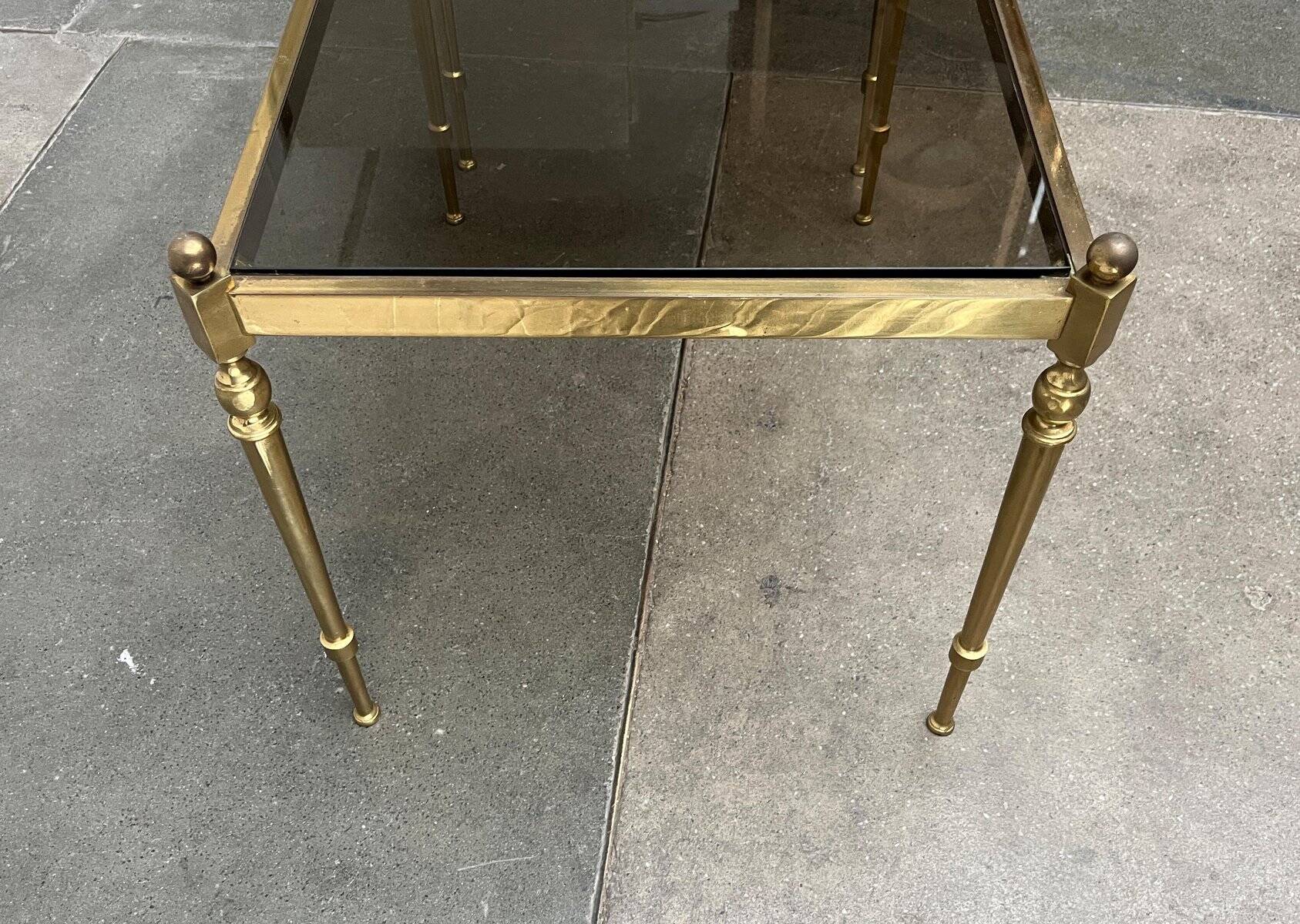 Mid-century Hollywood neoclassical brass and glass side tables or bedside tables from the 1950s, set of 2.
