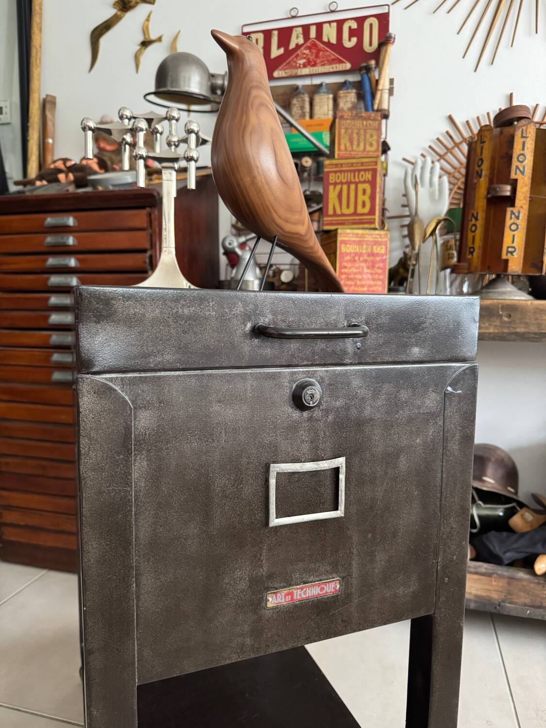 Old vintage industrial filing cabinet on wheels