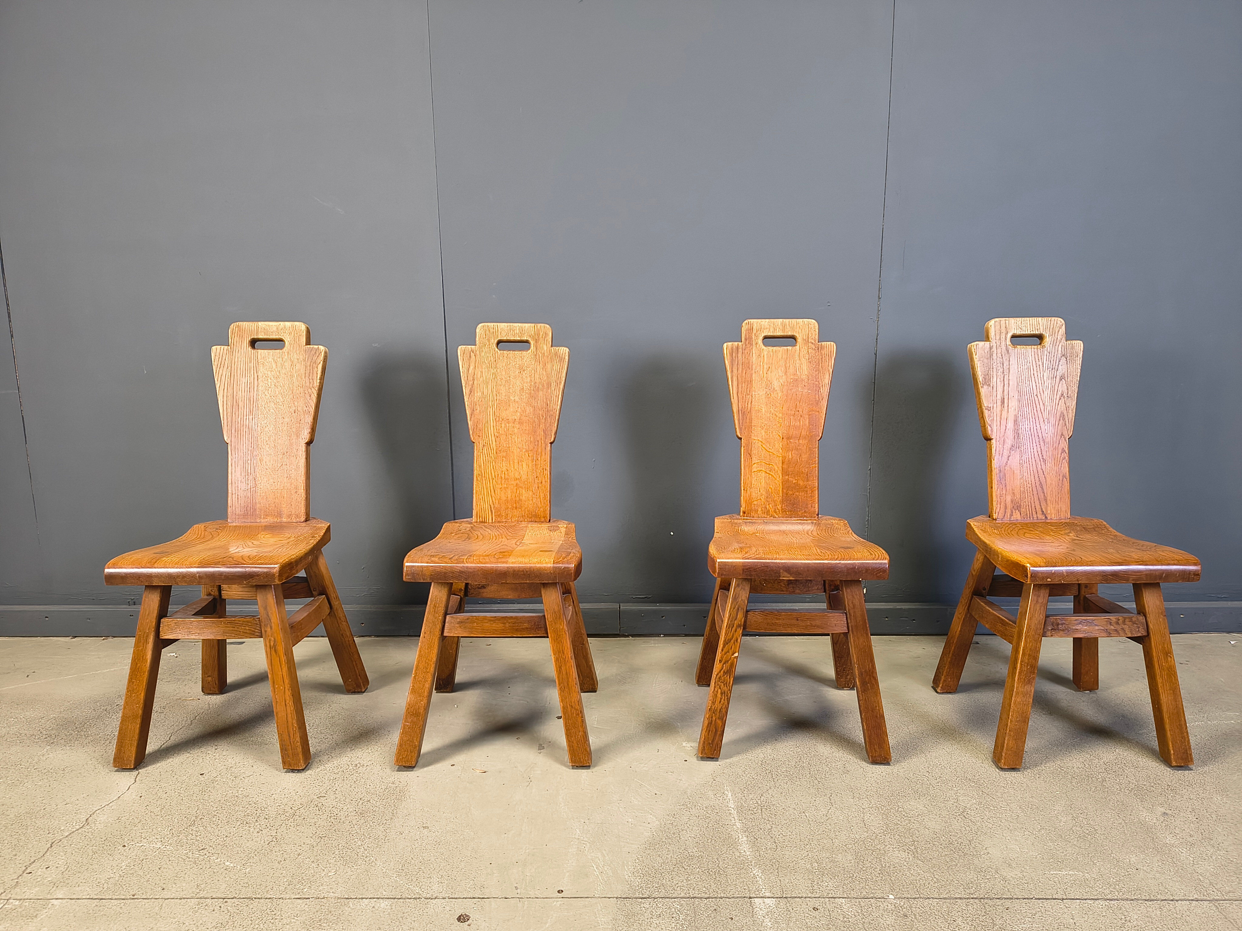 Vintage oak brutalist chairs, 1970s set of 4