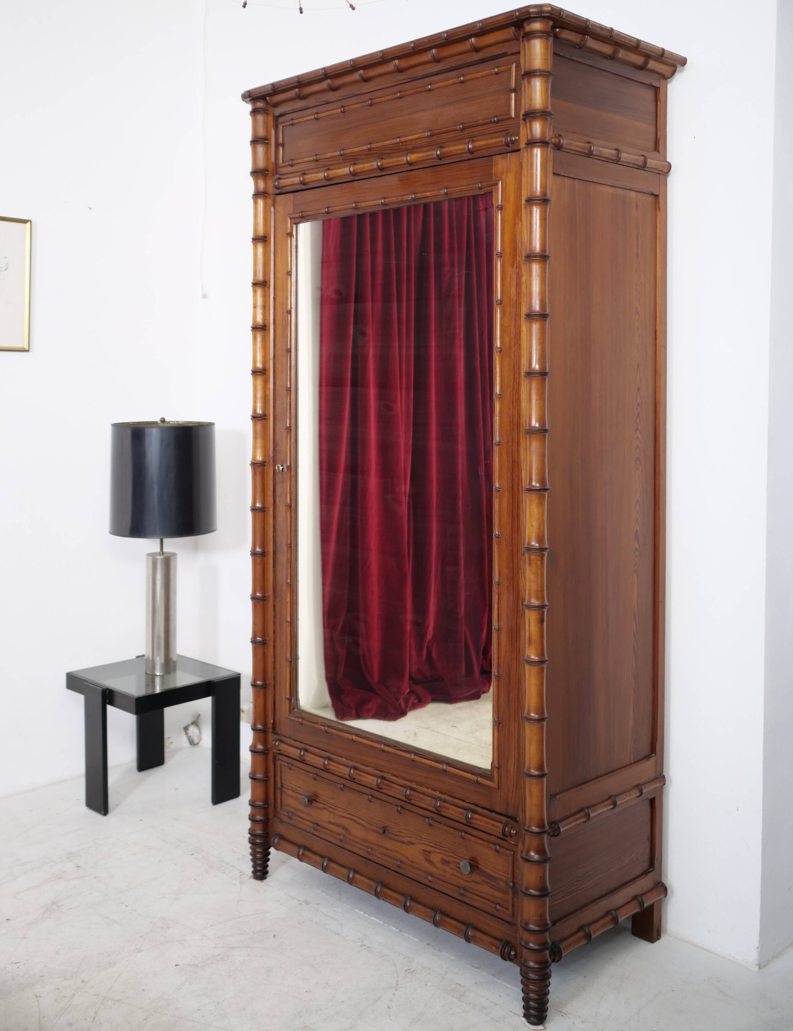19th Century French Pine Faux Bamboo Mirrored Cabinet