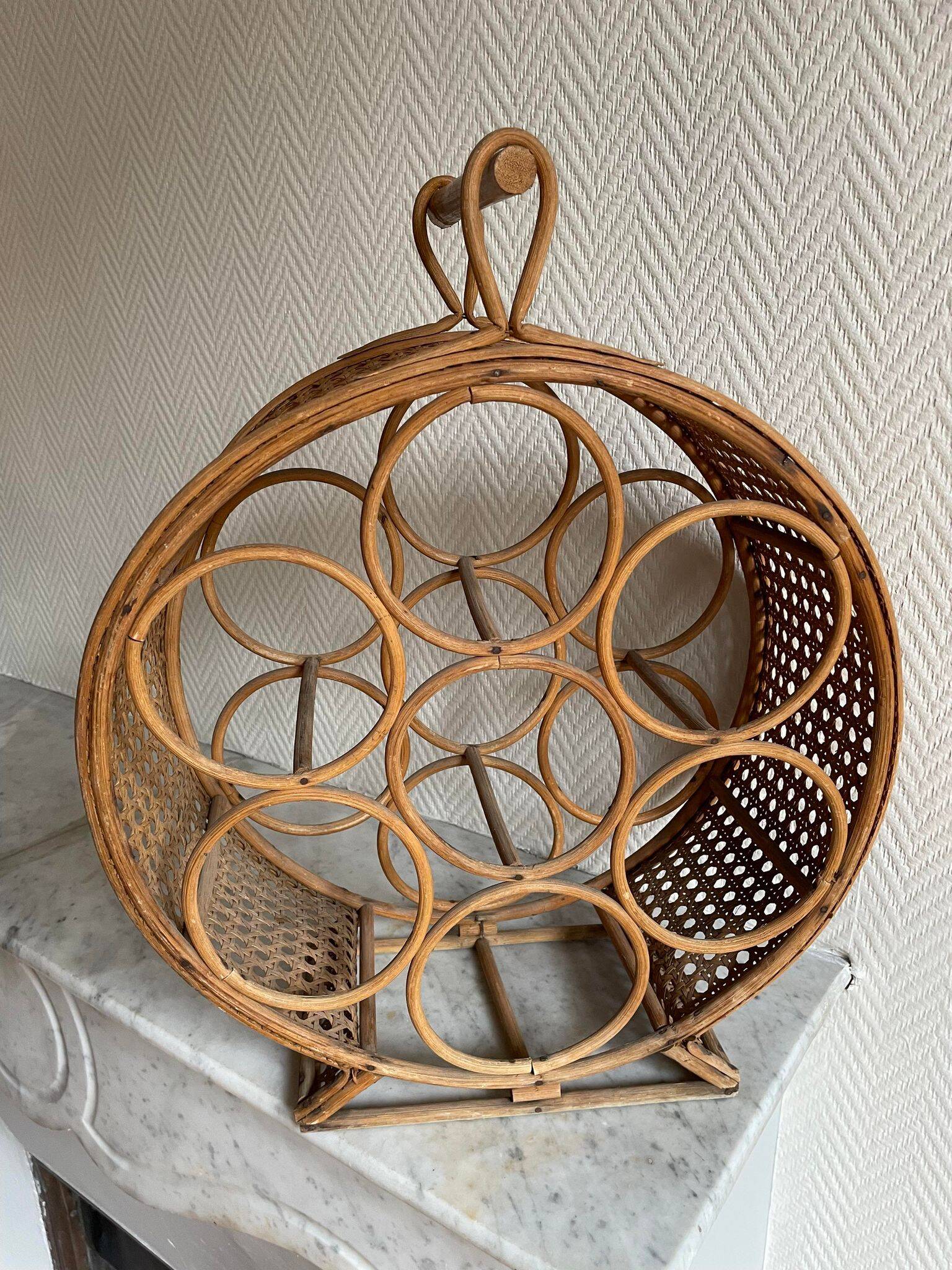 Rattan bottle holder, wood, vintage canework