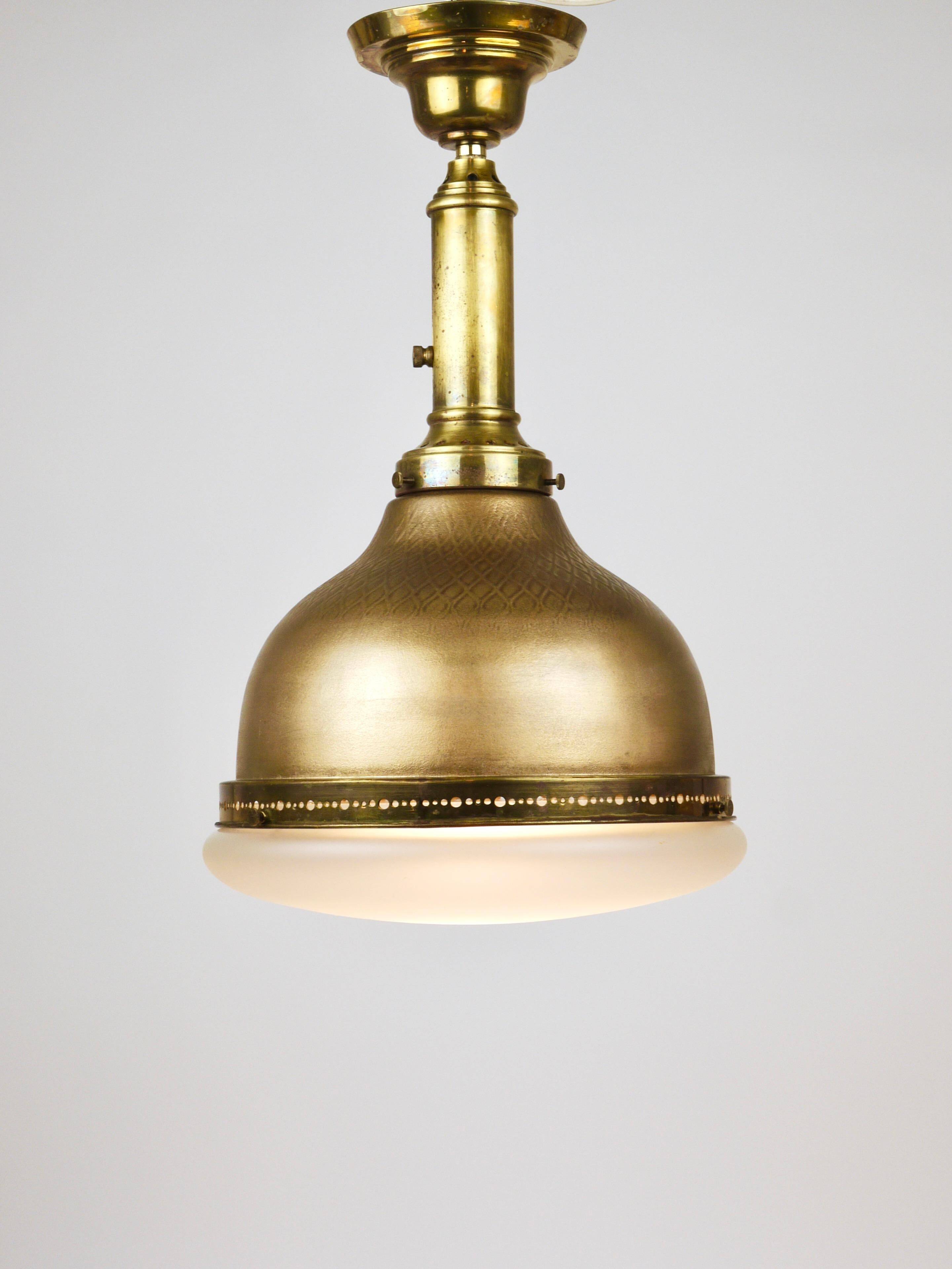 Art Nouveau pendant lamp in brass and glass from the 1920s, ceiling light, Jena, Germany.