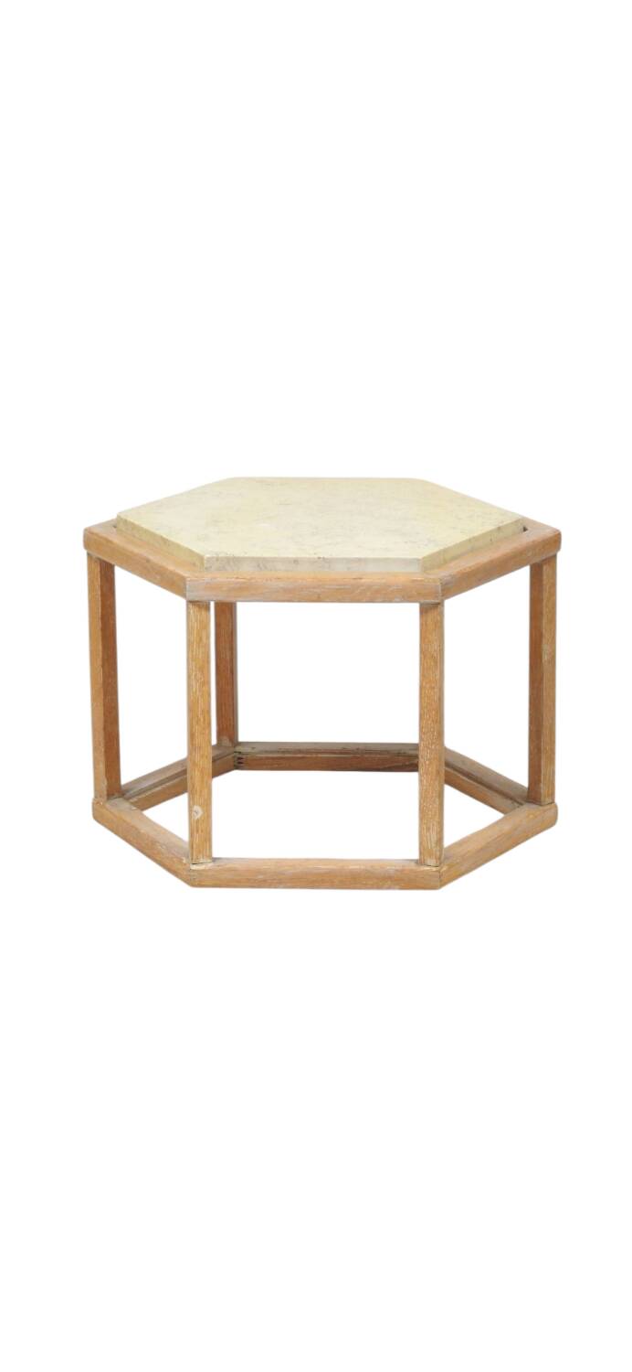 Pair of hexagonal side tables in cerused oak and travertine, attr
