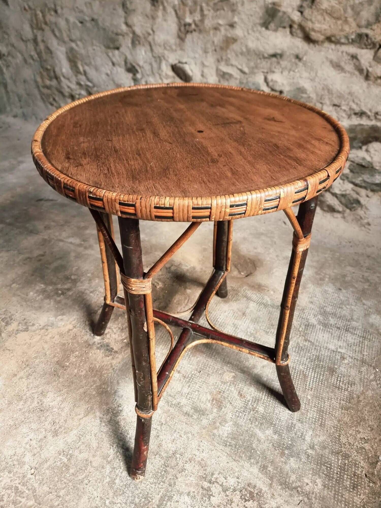 Vintage Round Bamboo and Wood Side Table | Mid-Century Bohemian Accent Table – 1950s/70s