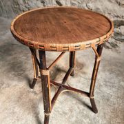 Vintage Round Bamboo and Wood Side Table | Mid-Century Bohemian Accent Table – 1950s/70s