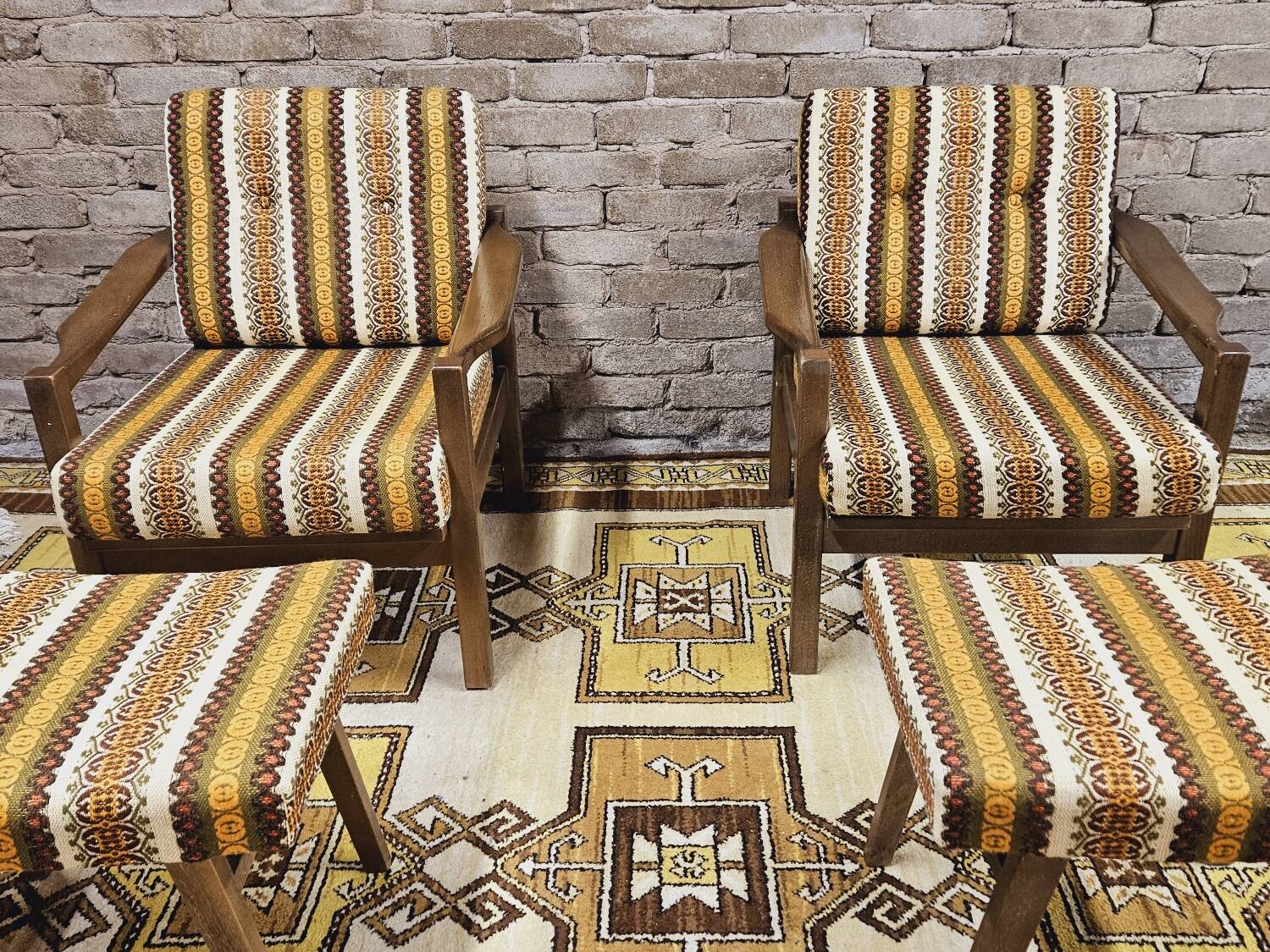 Pair of vintage Scandinavian armchairs with 2 Ottoman stools 1970