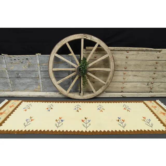 1970s Turkish Oushak Handmade Wool Cotton Beige Runner 71x283