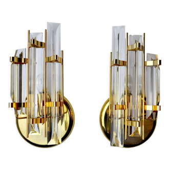 Pair of Venini wall lamps cut glass Murano Italy 1980