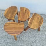 4 Vintage tripod stools, solid wood, brutalist, circa 1960