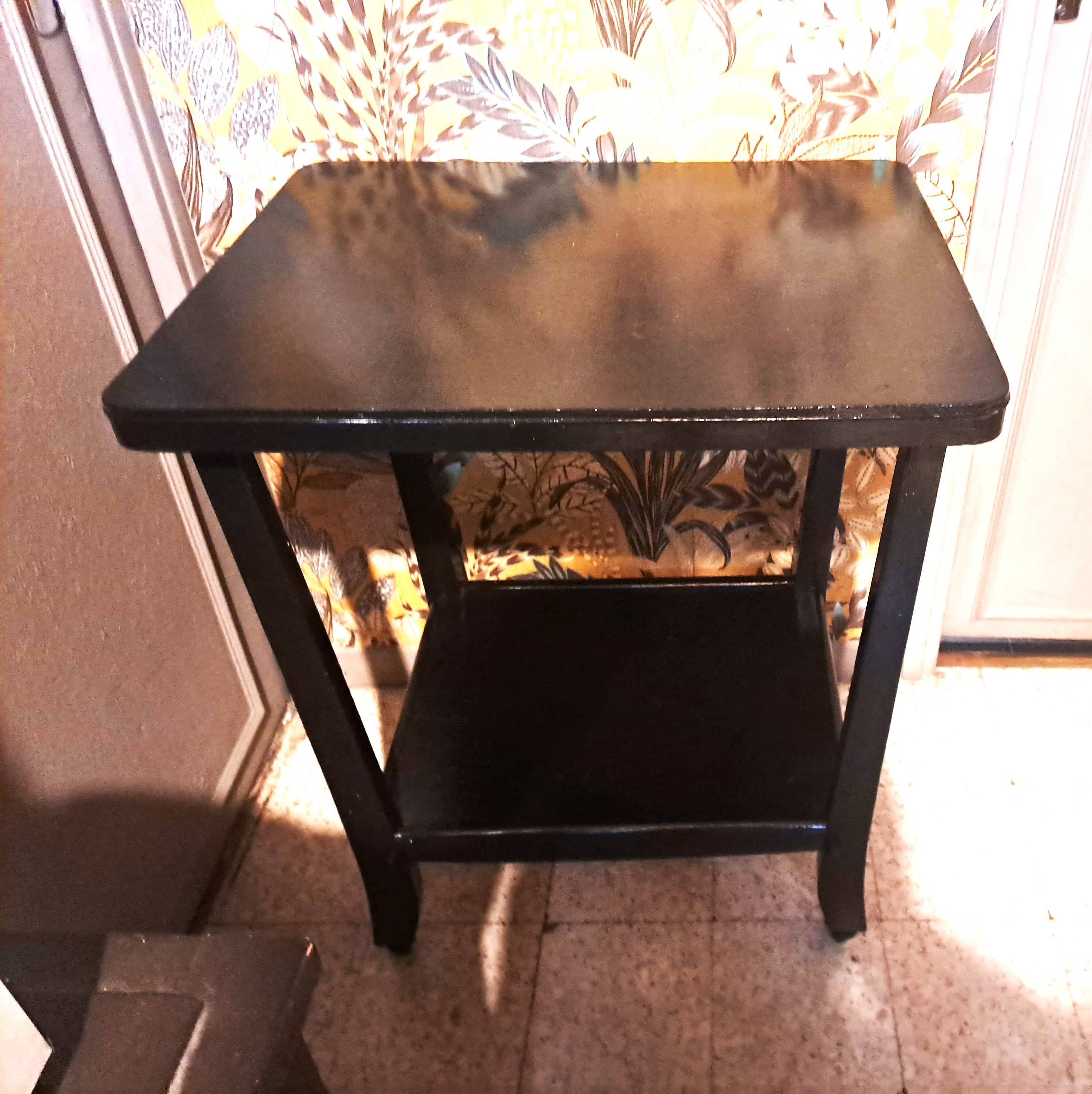 Art Deco style side table, console table on wheels, black varnished wood, 1940