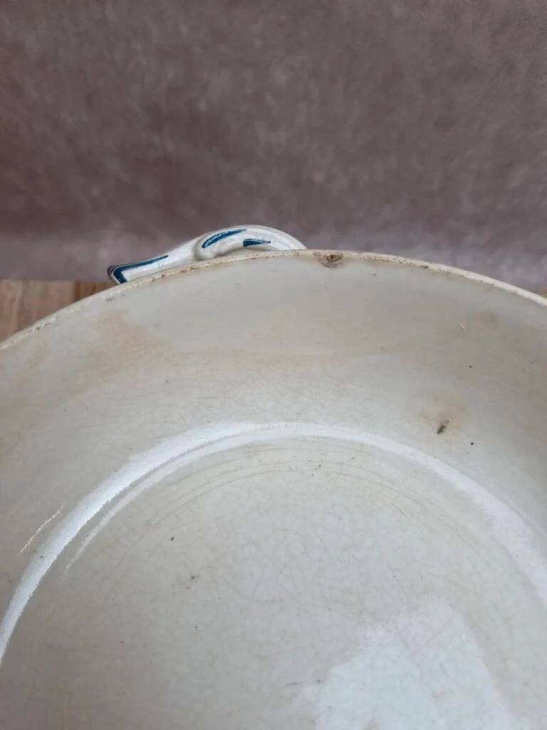 Antique ironstone soup tureen Clairefontaine with blue cyclamen decoration.